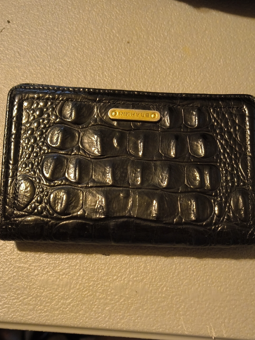 Brahmin Black Croc-Embossed Wallet with Gold Logo